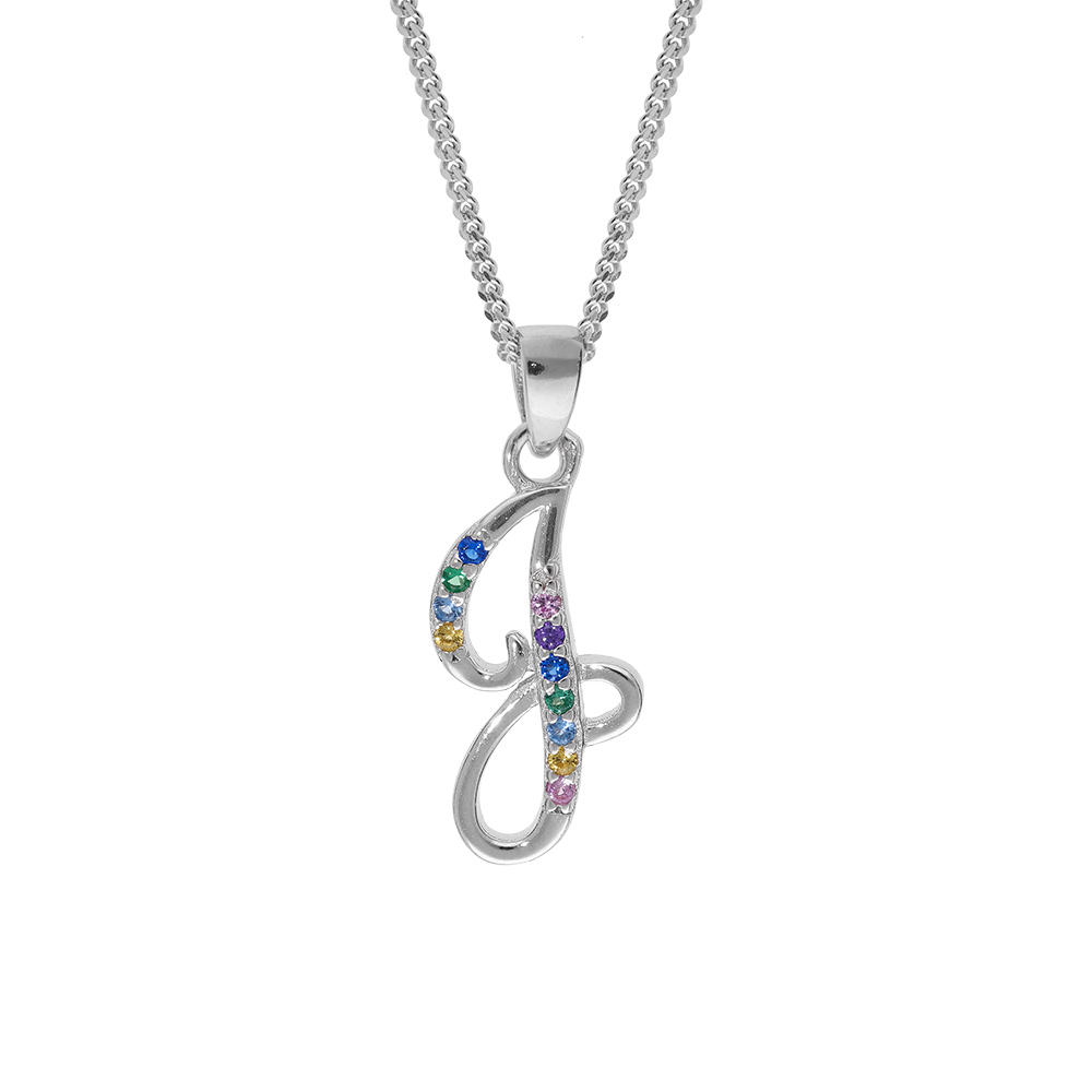 Collier en argent rhodi� cha�ne avec pendentif initiale J et oxydes multi couleurs sertis 42+3cm - Vue 1