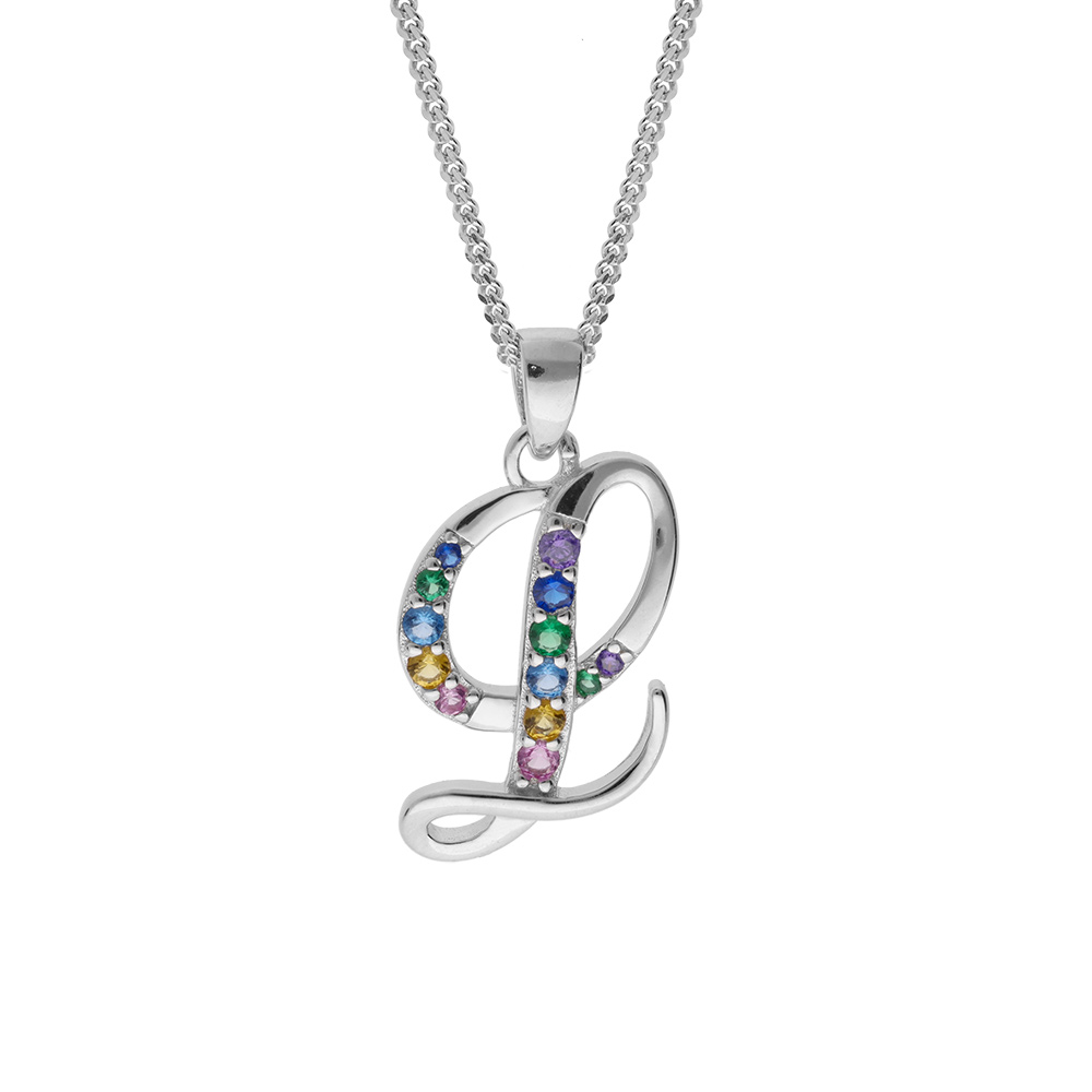 Collier en argent rhodi� cha�ne avec pendentif initiale L et oxydes multi couleurs sertis 42+3cm - Vue 1