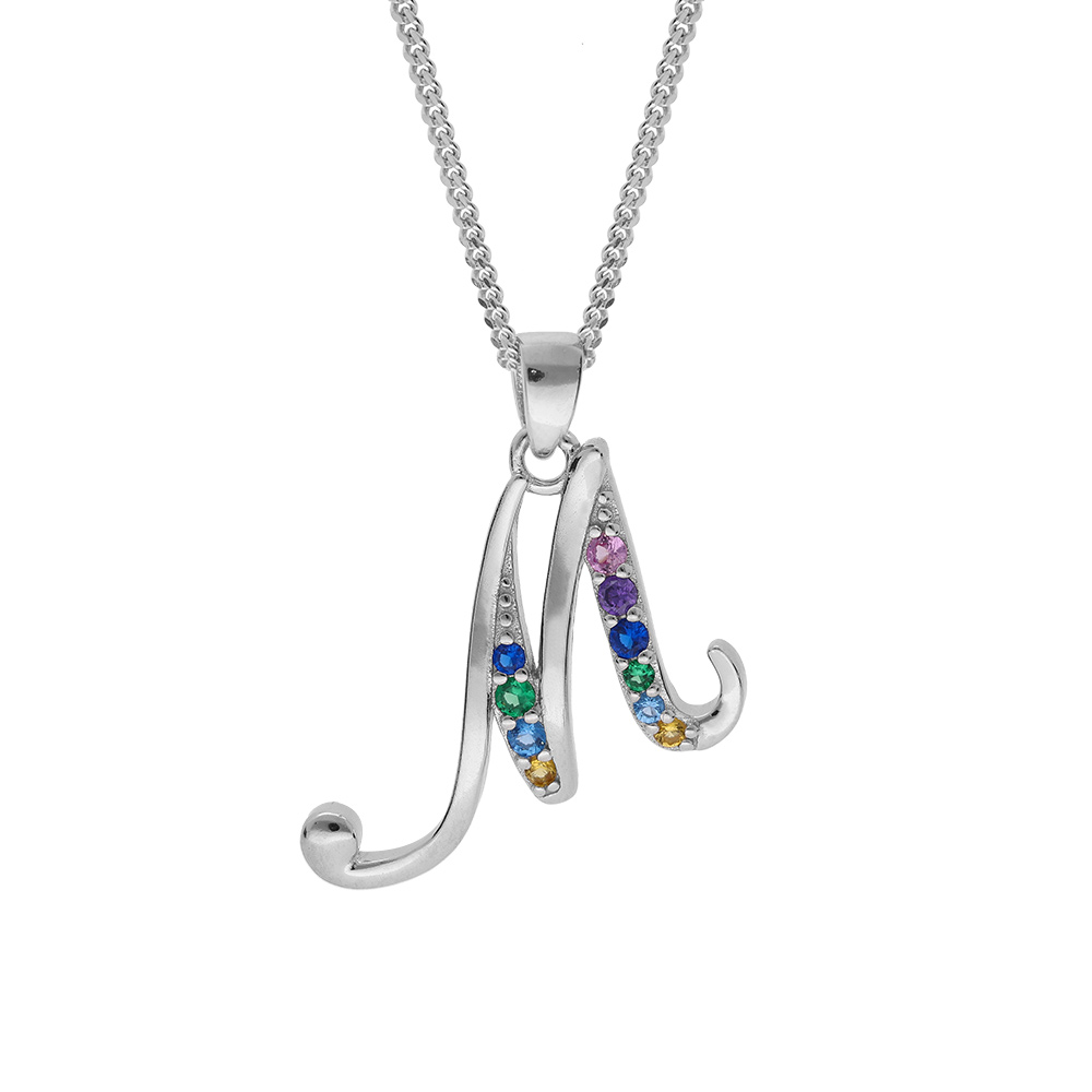 Collier en argent rhodi� cha�ne avec pendentif initiale M et oxydes multi couleurs sertis 42+3cm - Vue 1