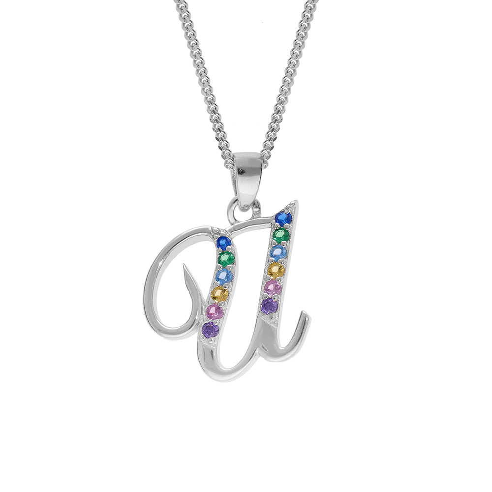 Collier en argent rhodi� cha�ne avec pendentif initiale U et oxydes multi couleurs sertis 42+3cm - Vue 1