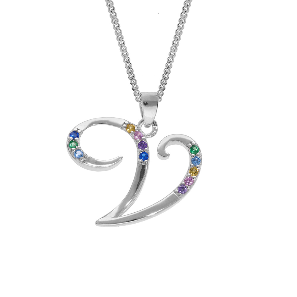 Collier en argent rhodi� cha�ne avec pendentif initiale V et oxydes multi couleurs sertis 42+3cm - Vue 1