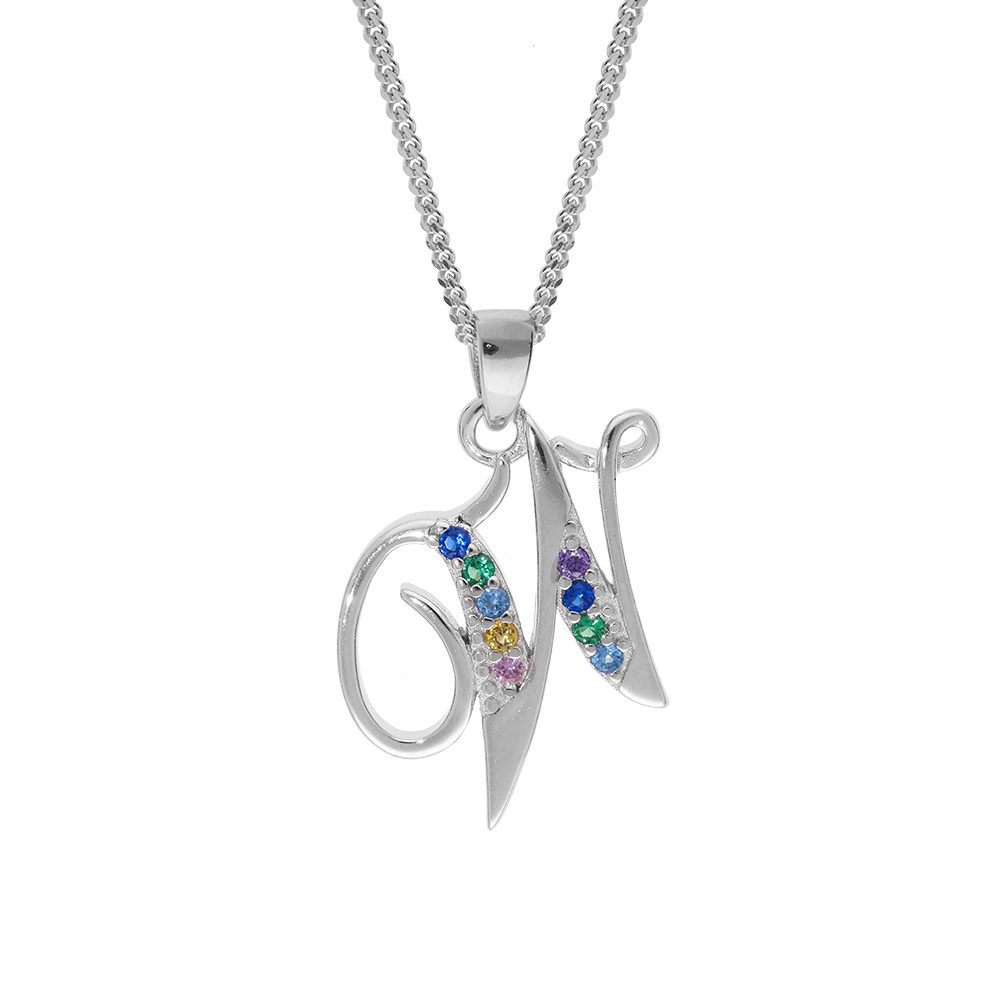 Collier en argent rhodi� cha�ne avec pendentif initiale W et oxydes multi couleurs sertis 42+3cm - Vue 1