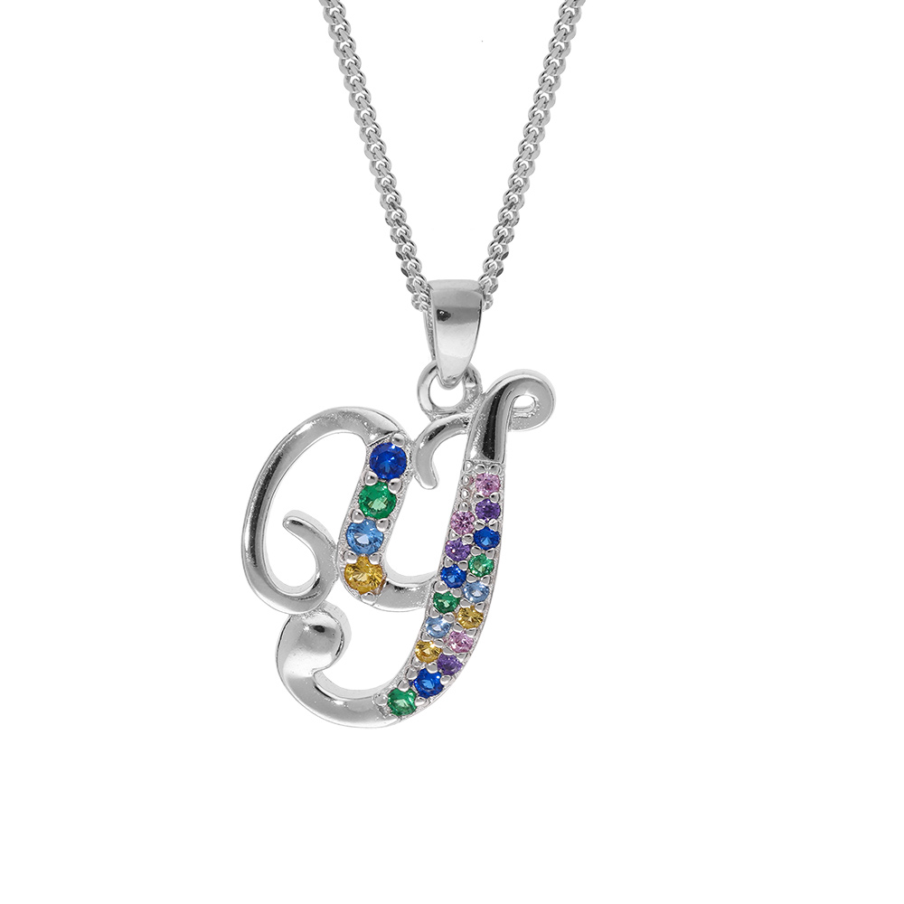 Collier en argent rhodi� cha�ne avec pendentif initiale Y et oxydes multi couleurs sertis 42+3cm - Vue 1