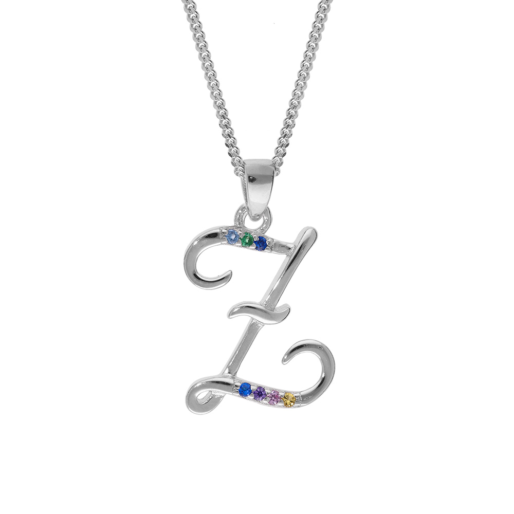 Collier en argent rhodi� cha�ne avec pendentif initiale Z et oxydes multi couleurs sertis 42+3cm - Vue 1