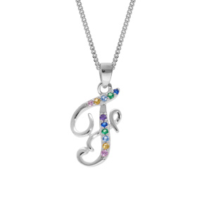 Collier en argent rhodi chane avec pendentif initiale F et oxydes multi couleurs sertis 42+3cm - Vue 1