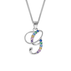 Collier en argent rhodi chane avec pendentif initiale G et oxydes multi couleurs sertis 42+3cm - Vue 1