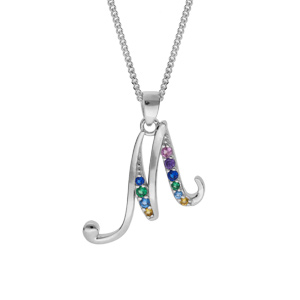 Collier en argent rhodi chane avec pendentif initiale M et oxydes multi couleurs sertis 42+3cm - Vue 1