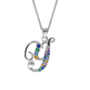 Collier en argent rhodi chane avec pendentif initiale Y et oxydes multi couleurs sertis 42+3cm - Vue 1