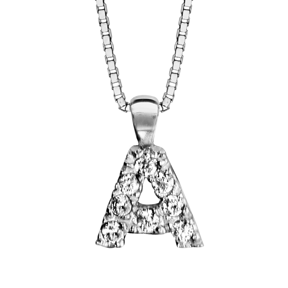 Collier en argent rhodi� cha�ne avec pendentif initiale A orn�e d\'oxydes blancs - longueur 45cm - Vue 1