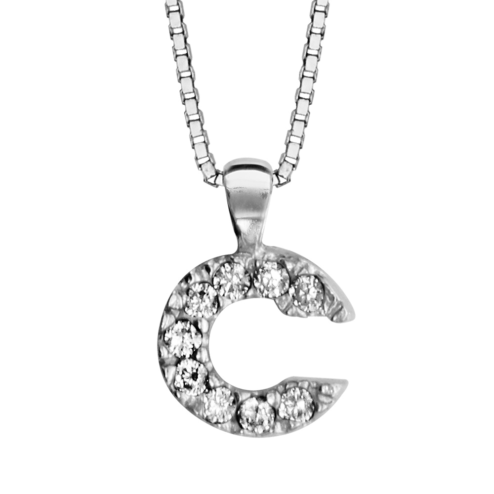 Collier en argent rhodi chane avec pendentif initiale C orne d\'oxydes blancs - longueur 45cm - Vue 1