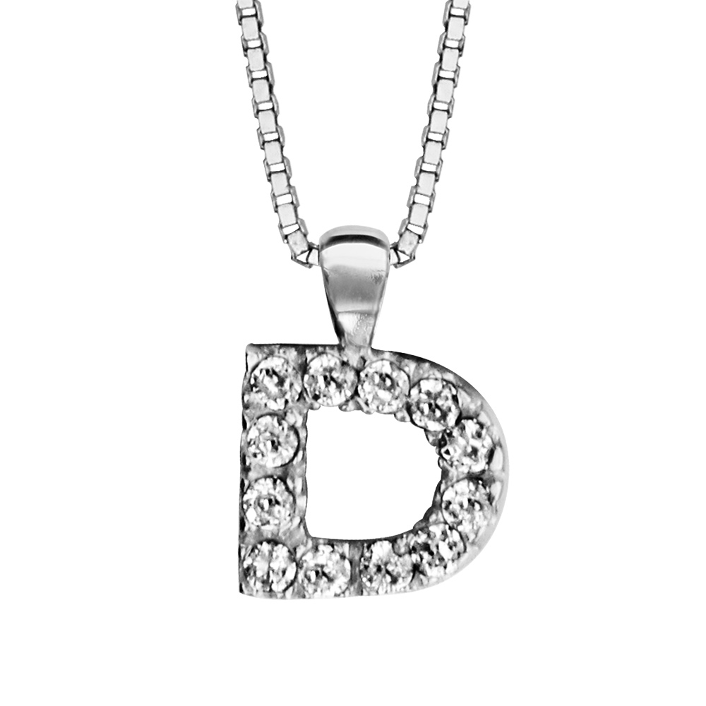 Collier en argent rhodi� cha�ne avec pendentif initiale D orn�e d\'oxydes blancs - longueur 45cm - Vue 1