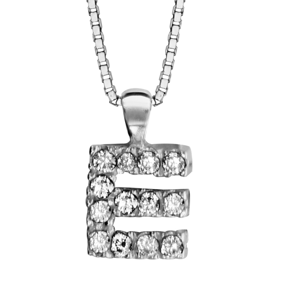 Collier en argent rhodi� cha�ne avec pendentif initiale E orn�e d\'oxydes blancs - longueur 45cm - Vue 1