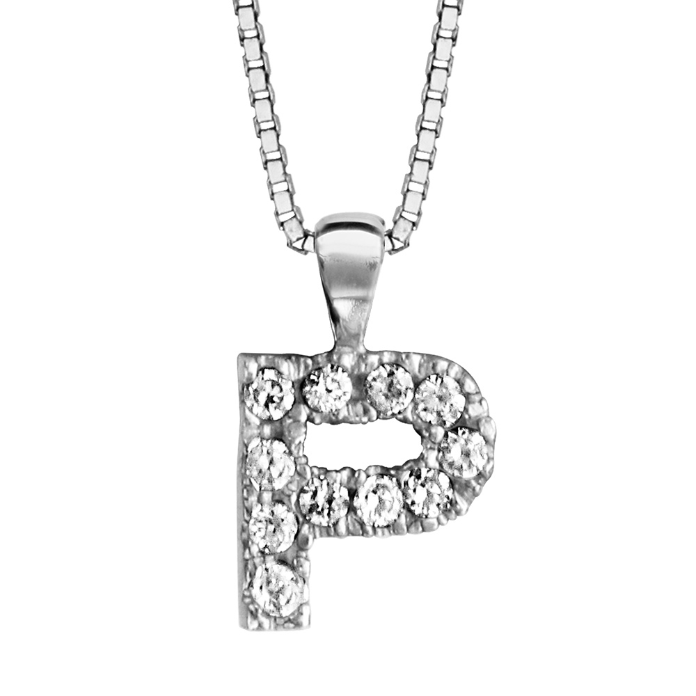 Collier en argent rhodi chane avec pendentif initiale P orne d\'oxydes blancs - longueur 45cm - Vue 1