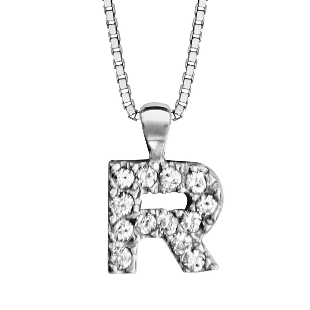 Collier en argent rhodi� cha�ne avec pendentif initiale R orn�e d\'oxydes blancs - longueur 45cm - Vue 1