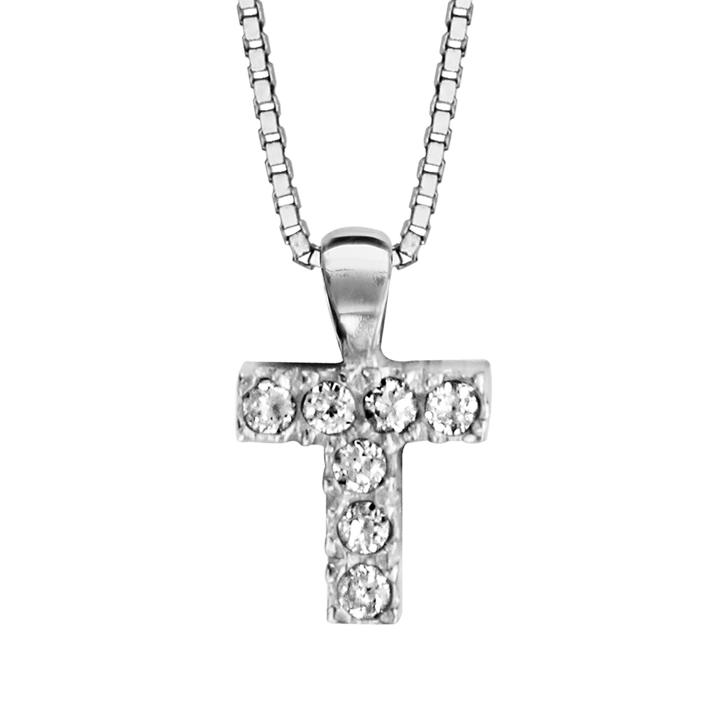Collier en argent rhodi� cha�ne avec pendentif initiale T orn�e d\'oxydes blancs - longueur 45cm - Vue 1