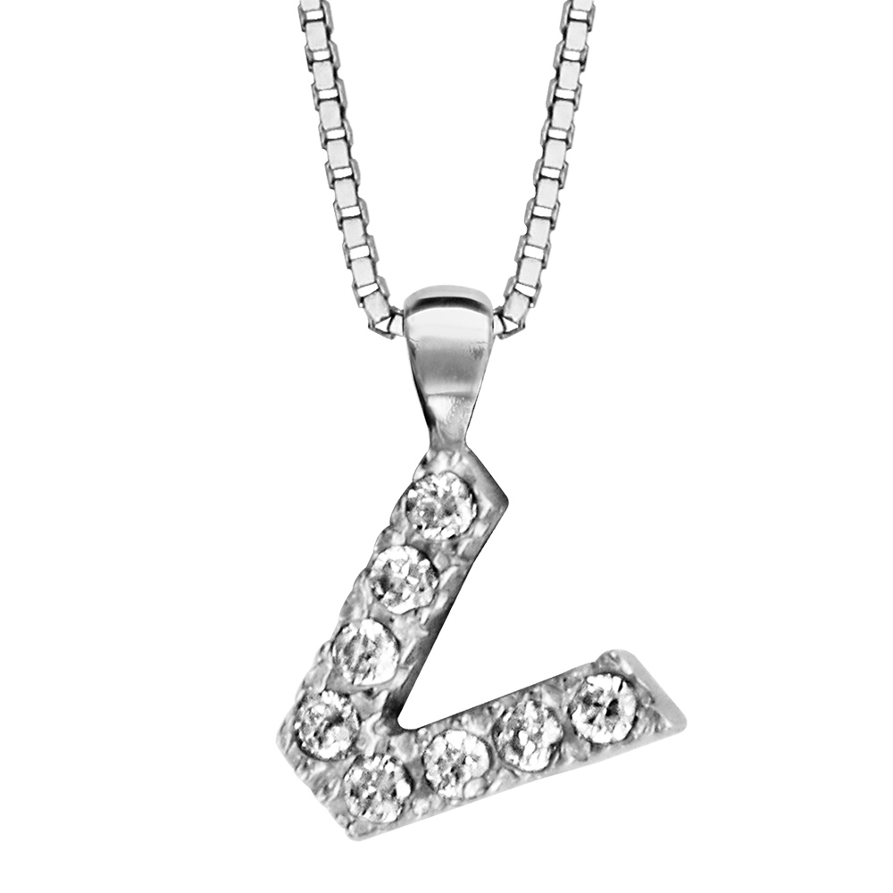Collier en argent rhodi chane avec pendentif initiale V orne d\'oxydes blancs - longueur 45cm - Vue 1