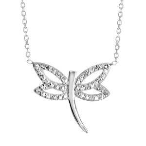Collier en argent rhodi chane avec pendentif libellule ajoure avec ailes ornes d\'oxydes blancs au milieu - longueur 37cm + 4cm de rallonge - Vue 1