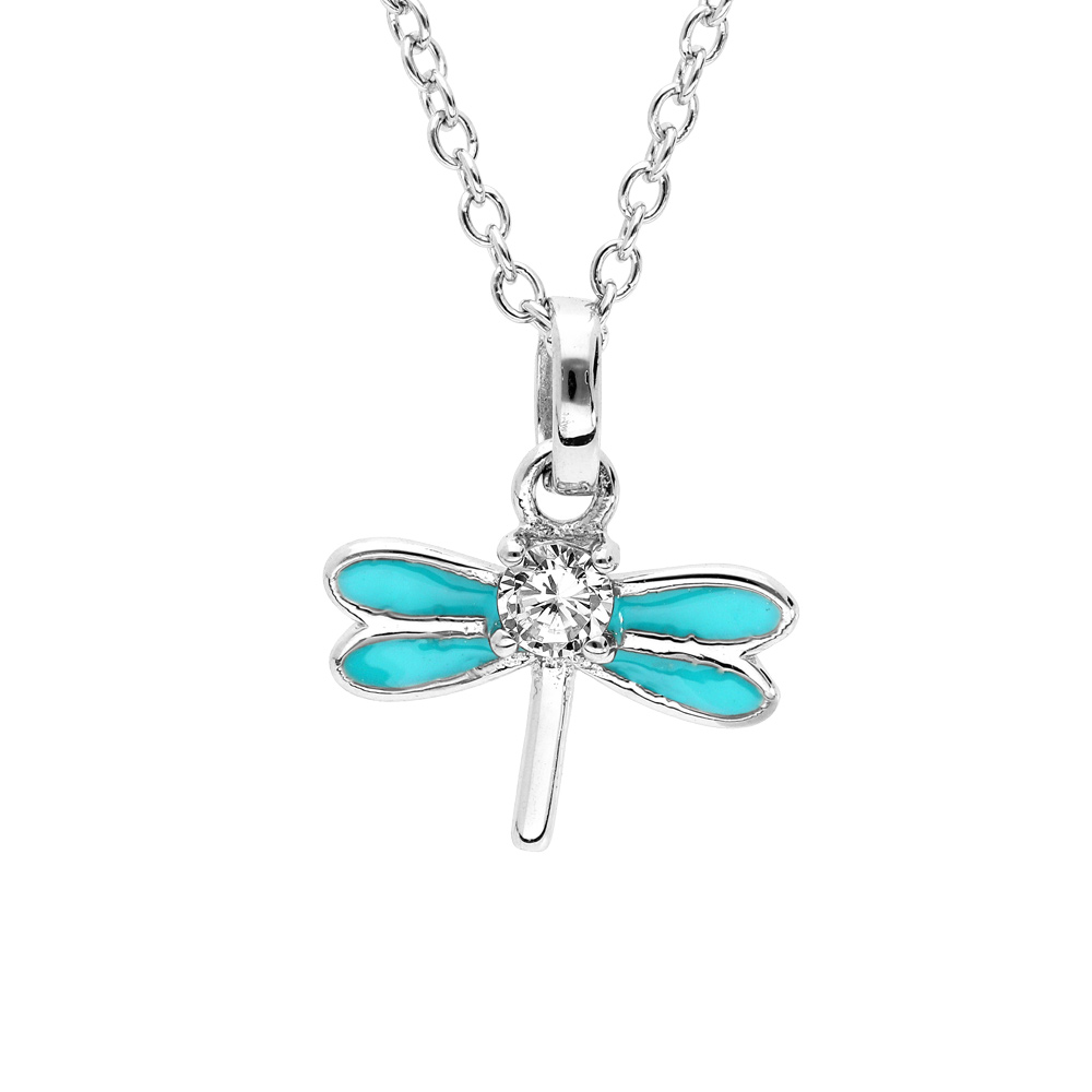 Collier en argent rhodi� cha�ne avec pendentif libellule couleur turquoise et oxydes blancs sertis 36+2cm - Vue 1