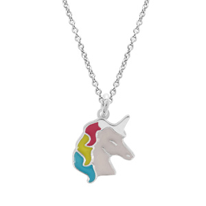 Collier en argent rhodi chane avec pendentif licorne blanche et multicouleur 35+5cm - Vue 1