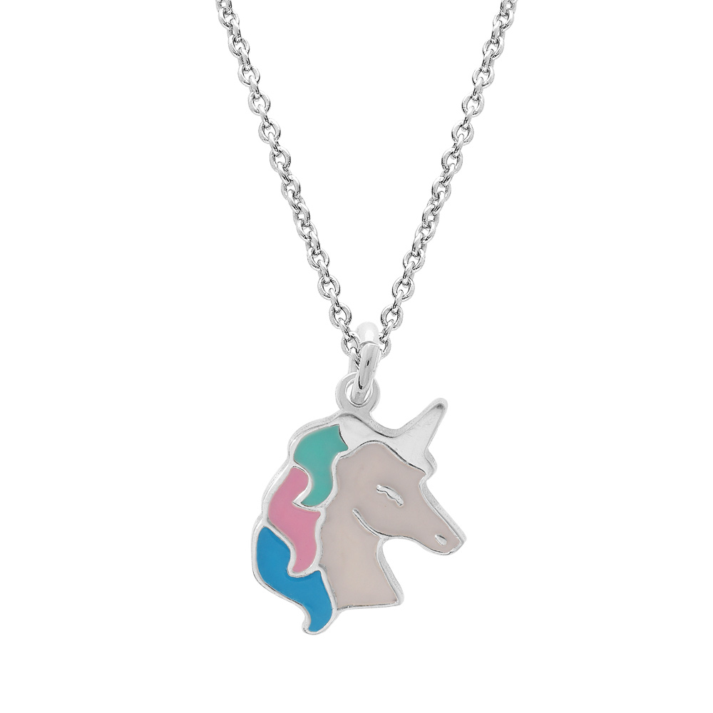 Collier en argent rhodi� cha�ne avec pendentif licorne blanche et pastel 35+5cm - Vue 1