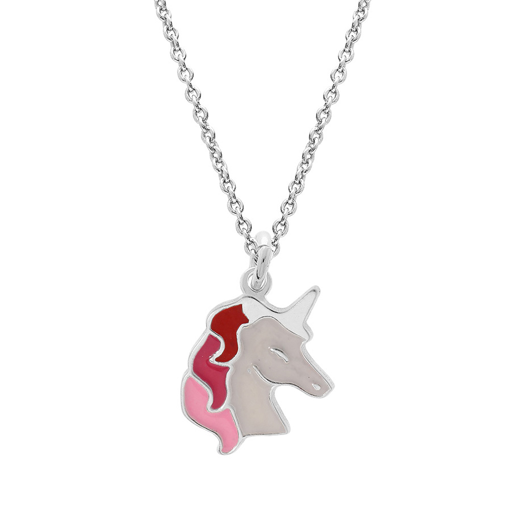 Collier en argent rhodi� cha�ne avec pendentif licorne blanche et rose 35+5cm - Vue 1