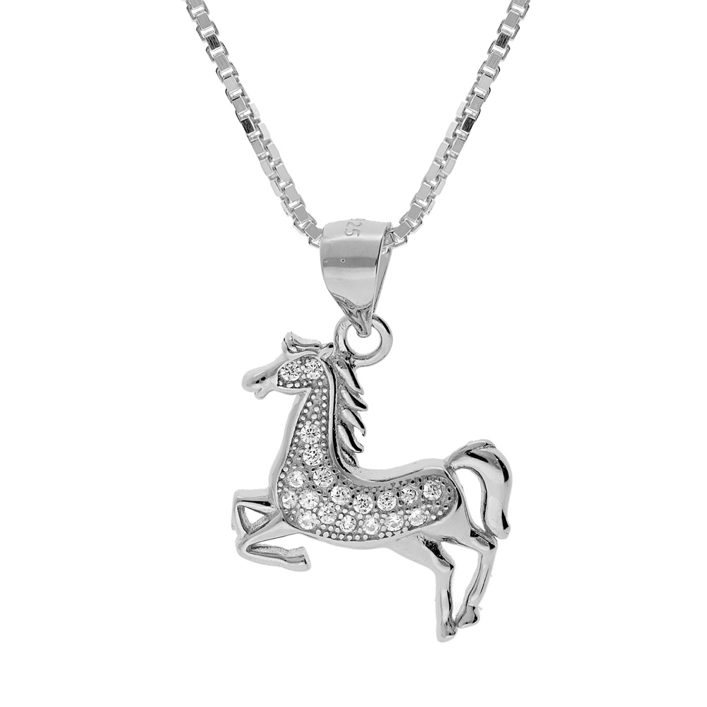 Collier en argent rhodi� cha�ne avec pendentif licorne et oxydes blancs sertis 42+3cm - Vue 1