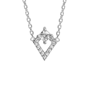 Collier en argent rhodi chane avec pendentif losange en rail d\'oxydes blancs sertis avec 1 oxyde carr plus gros en haut - longueur 38cm + 4cm - Vue 1