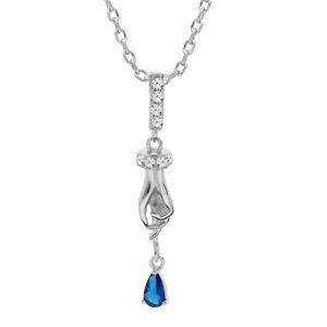 Collier en argent rhodi chane avec pendentif main avec oxyde bleu 42+3cm - Vue 1