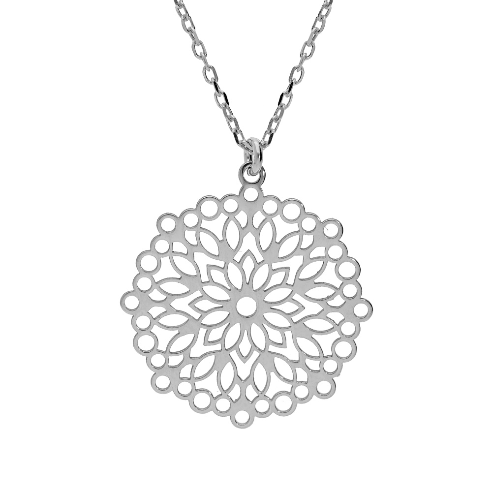 Collier en argent rhodi� cha�ne avec pendentif mandala ajour� 23mm 40+5cm - Vue 1