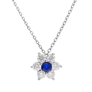 Collier en argent rhodi chane avec pendentif marguerite en oxydes bleu fonc au centre et contour blancs sertis 40+5cm - Vue 1