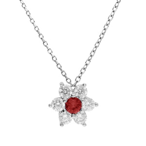 Collier en argent rhodi chane avec pendentif marguerite en oxydes rouge fonc au centre et contour blancs sertis 40+5cm - Vue 1