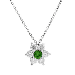 Collier en argent rhodi chane avec pendentif marguerite en oxydes vert fonc au centre et contour blancs sertis 40+5cm - Vue 1