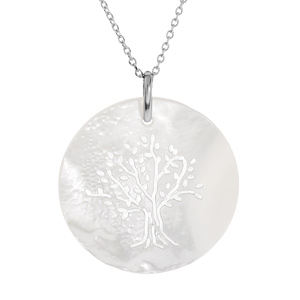 Collier en argent rhodi chane avec pendentif mdaille fond de Nacre Blanche motif arbre de vie 41,5+3cm - Vue 1