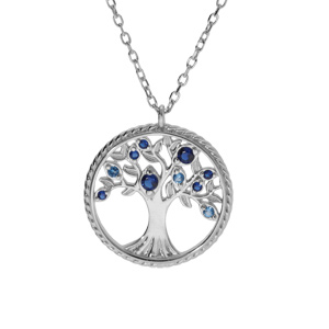 Collier en argent rhodi chane avec pendentif motif arbre de vie contour perl et oxydes dgrad bleu 42+3cm - Vue 1