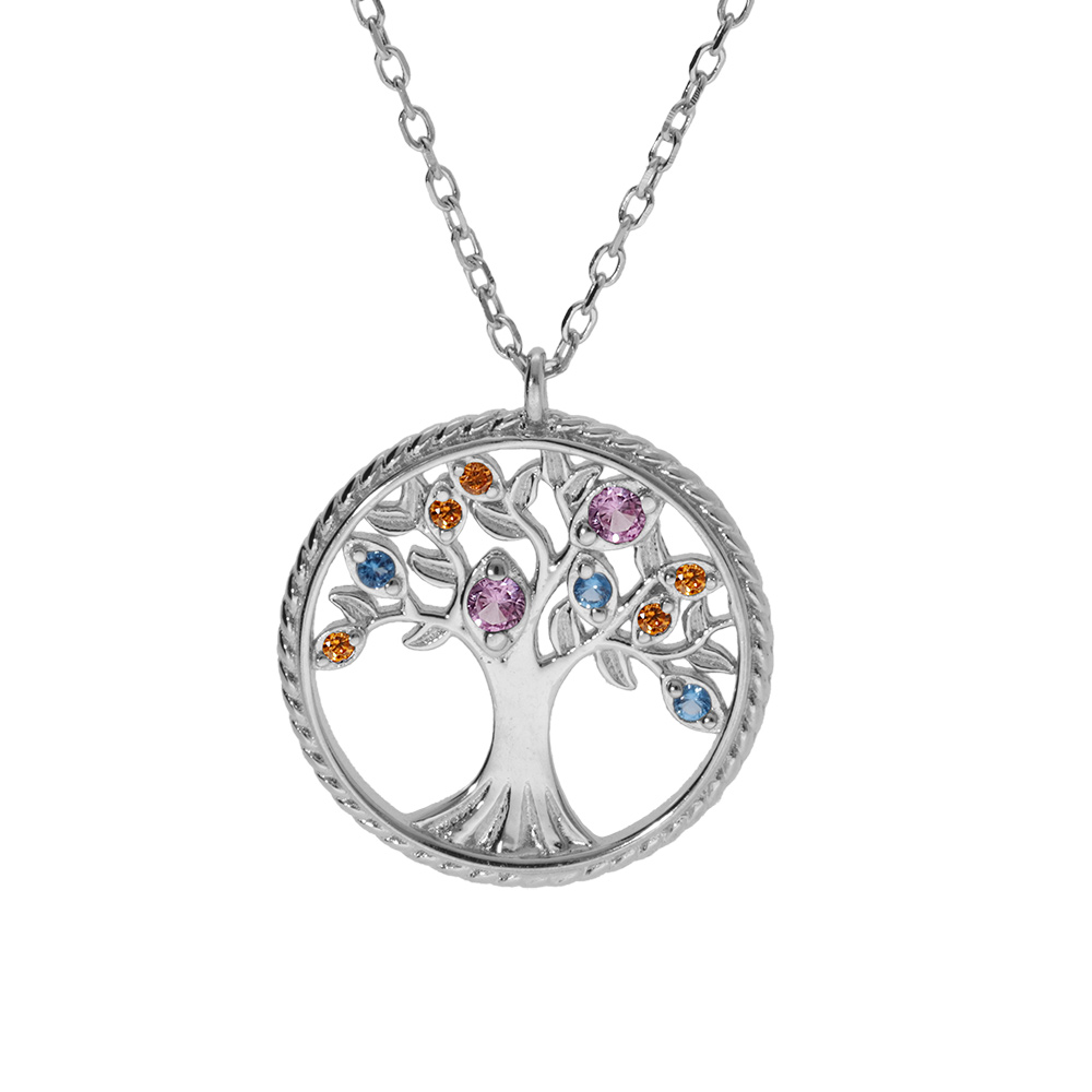 Collier en argent rhodi� cha�ne avec pendentif motif arbre de vie contour perl� et oxydes multi couleurs 42+3cm - Vue 1