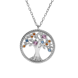 Collier en argent rhodi chane avec pendentif motif arbre de vie contour perl et oxydes multi couleurs 42+3cm - Vue 1