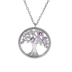 Collier en argent rhodi chane avec pendentif motif arbre de vie contour perl et oxydes violet 42+3cm - Vue 1