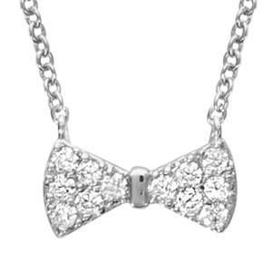Collier en argent rhodié chaîne avec pendentif noeud papillon orné d\'oxydes blancs sertis - longueur 40cm + 4cm de rallonge - Vue 1