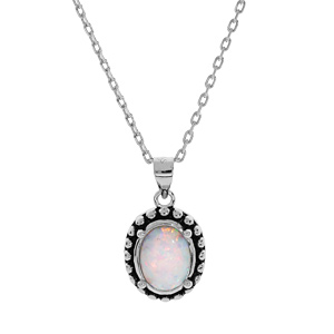 Collier en argent rhodi chane avec pendentif Opale blanche de synthse cercl de picot patin 44,5cm - Vue 1