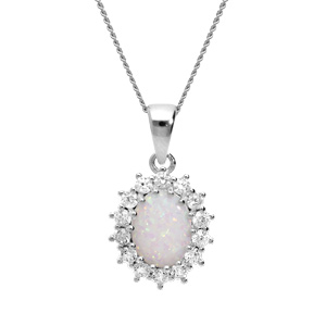 Collier en argent rhodi chane avec pendentif Opale blanche de synthse et oxydes blancs sertis 42+3cm - Vue 1