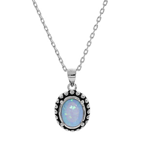 Collier en argent rhodi chane avec pendentif Opale bleue de synthse cercl de picot patin 44,5cm - Vue 1