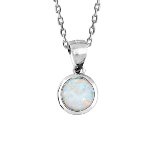 Collier en argent rhodi chane avec Pendentif opale de synthse blanche ronde 44,5cm - Vue 1