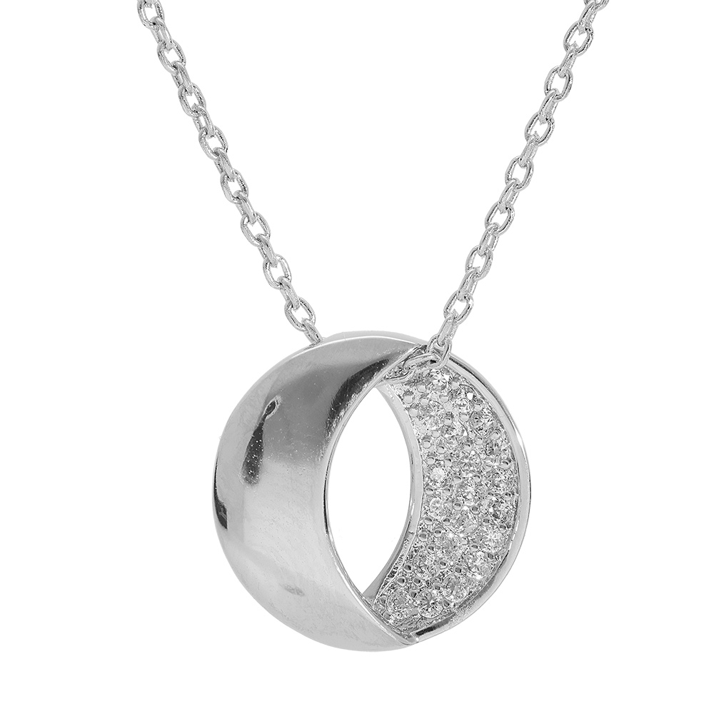 Collier en argent rhodi� cha�ne avec pendentif oval moiti� lisse et moiti� avec oxydes blancs sertis 42+3cm - Vue 1