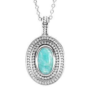 Collier en argent rhodi chane avec pendentif ovale et Amazonite vritable 40+4cm - Vue 1