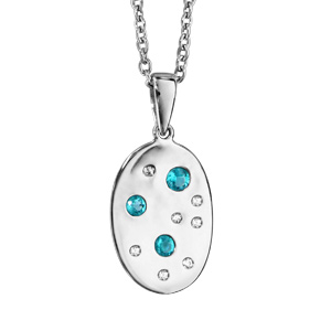 Collier en argent rhodié chaîne avec pendentif ovale orné d\'oxydes blancs et bleu ciel disséminés - longueur 42cm + 3cm de rallonge - Vue 1