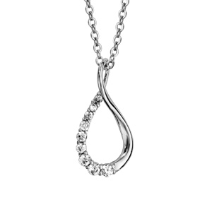 Collier en argent rhodi chane avec pendentif ovale vrill avec 1 moiti lisse et l\'autre orne d\'oxydes blancs - longueur 42cm + 3cm de rallonge - Vue 1