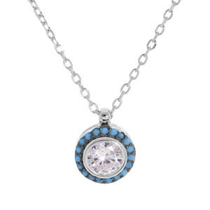 Collier en argent rhodi chane avec pendentif oxyde blanc contour pois bleu 42+3cm - Vue 1