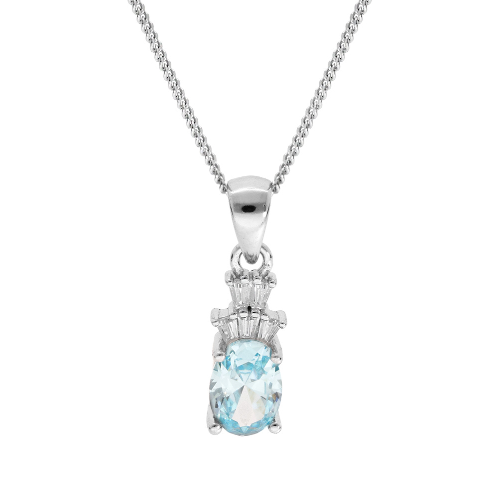 Collier en argent rhodi� cha�ne avec pendentif oxyde blanc et bleu ciel 42+3cm - Vue 1