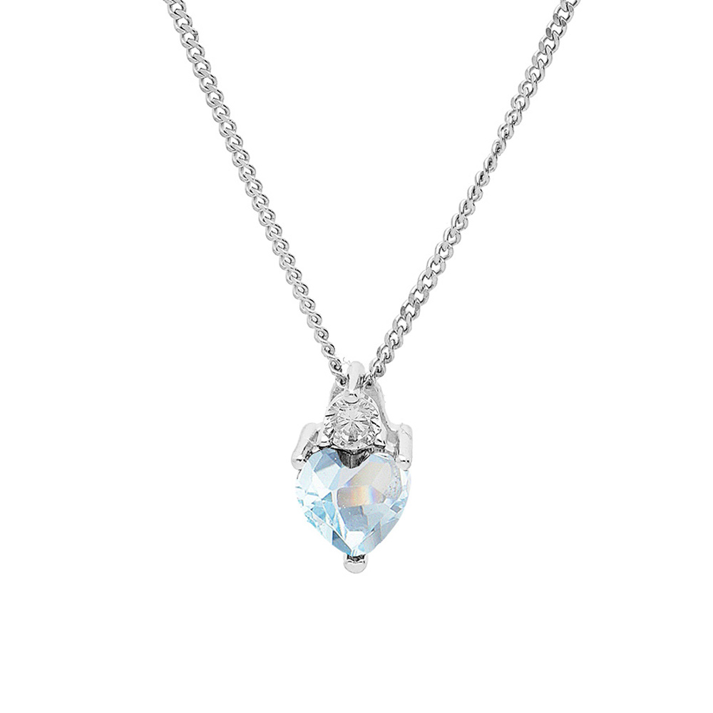 Collier en argent rhodi� cha�ne avec pendentif oxyde bleu ciel forme coeur et oxyde blanc 42+3cm - Vue 1