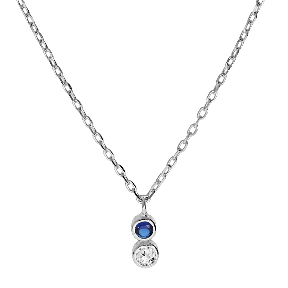 Collier en argent rhodi� cha�ne avec pendentif oxydes blanc et bleu fonc� sertis clos 40+3cm - Vue 1